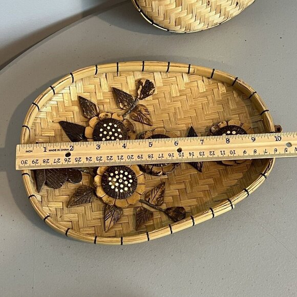 2 Vintage 70s Oval Wooden Wall Art Flowers Polynesian Tiki Boho Chic 10" - Picture 12 of 15